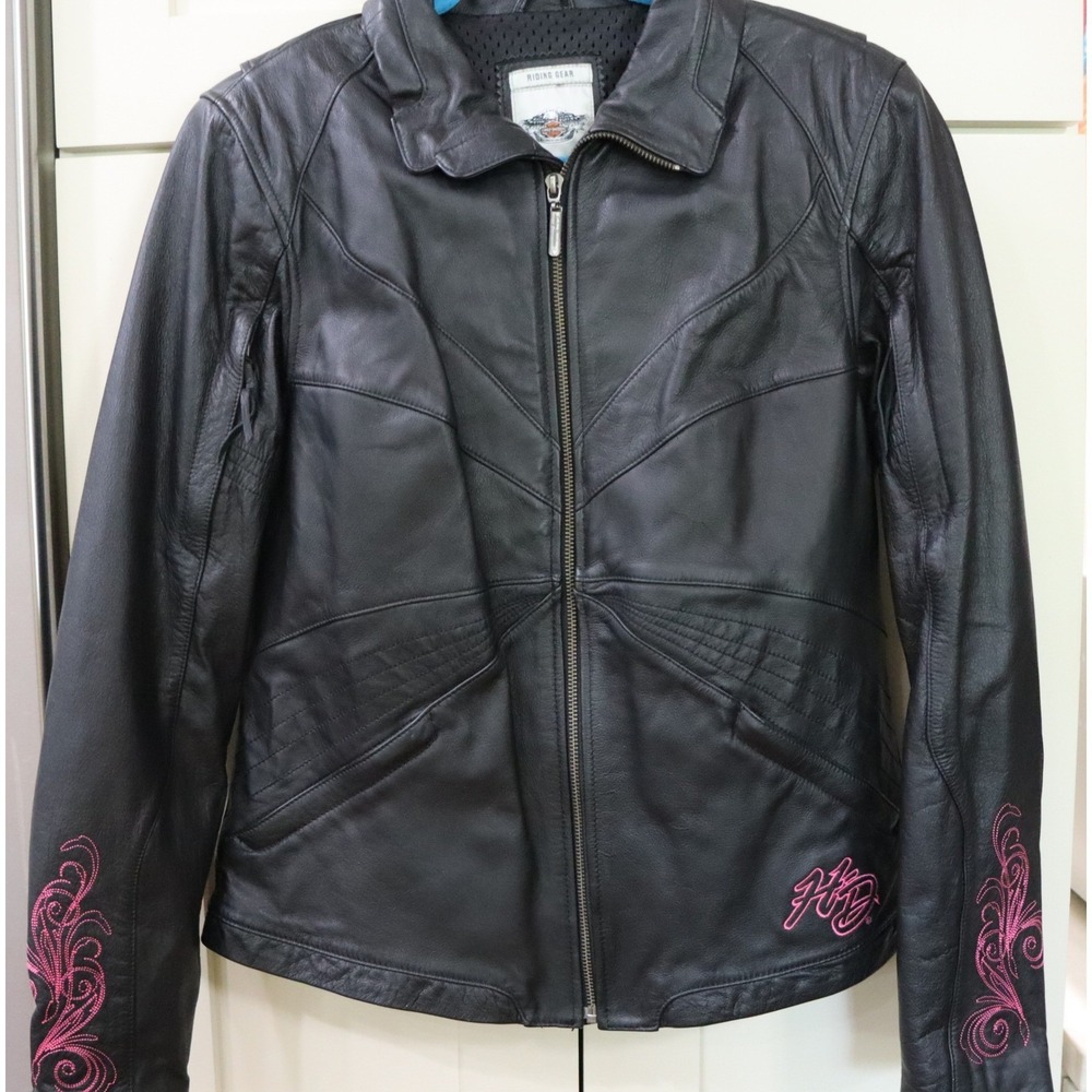 Ladies‎ Harley-Davidson Leather Riding Jacket Pink Wings Size L Original Box